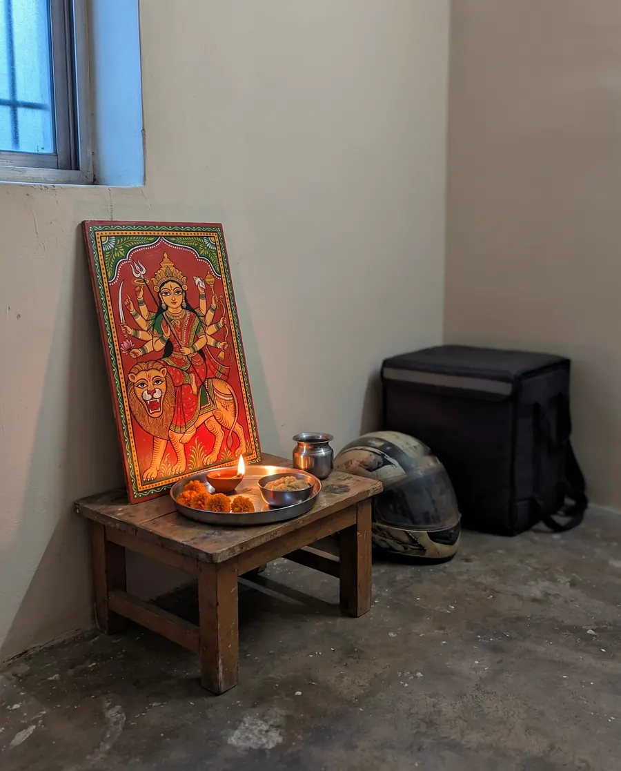 A small puja corner in a rented room: a picture of Maa Durga, a thali with a diya, a lota of water, and a rider's helmet and delivery bag on the floor