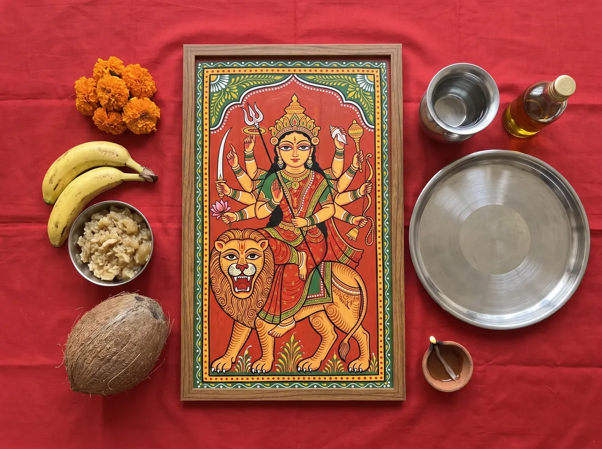 A picture of Maa Durga, a steel thali, a lota of water, a clay diya and a bottle of oil on a red cloth; flowers, bananas, prasad and a coconut set apart