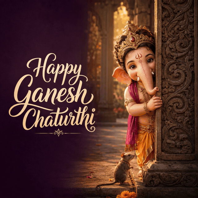 Bal Ganesh peeks around a temple pillar